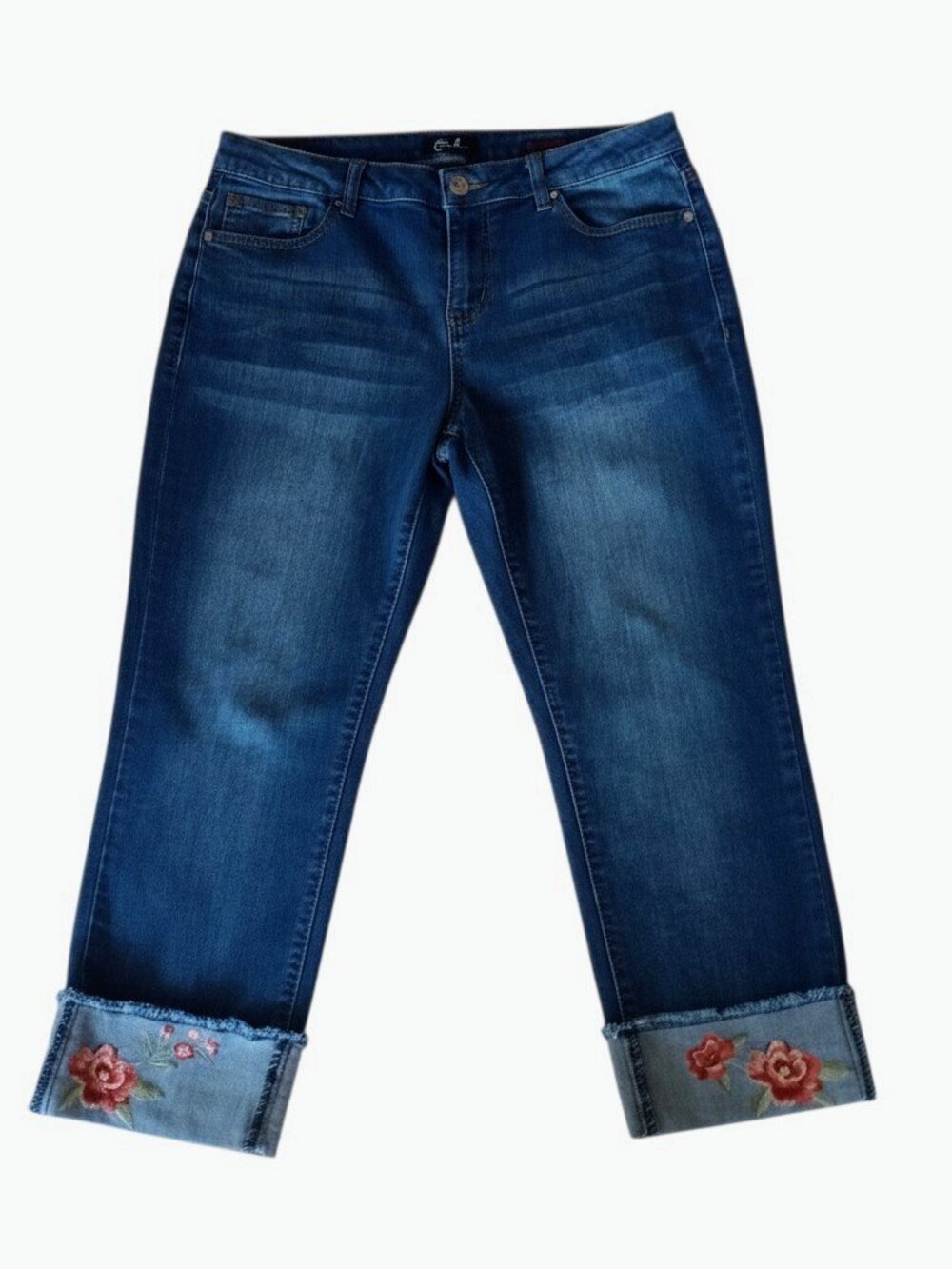 EARL Women's Blue Jean Embroidered Cuff Jeans Capris Size 12